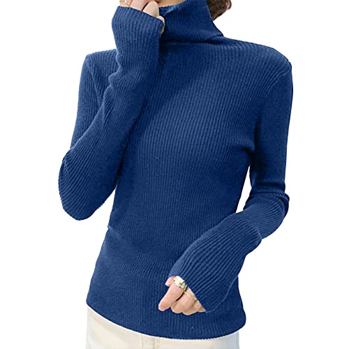 Dihope Damen Rollkragenpullover Basic Pullover Dünner Strickpullover Elastisch Gerippt Strickpulli Elegant Langarmshirt Casual Slim Fit Pulli Sweatshirts für Herbst Winter(Dunkelblau,One Size) von Dihope