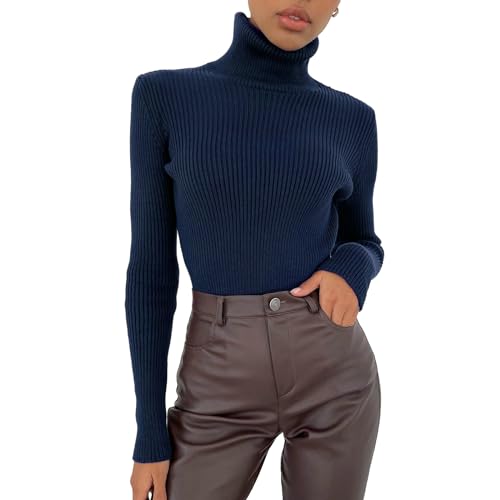 Dihope Damen Rollkragenpullover Basic Pullover Dünner Strickpullover Elastisch Gerippt Strickpulli Elegant Langarmshirt Casual Slim Fit Pulli Sweatshirts für Herbst Winter(Knallblau,One Size) von Dihope