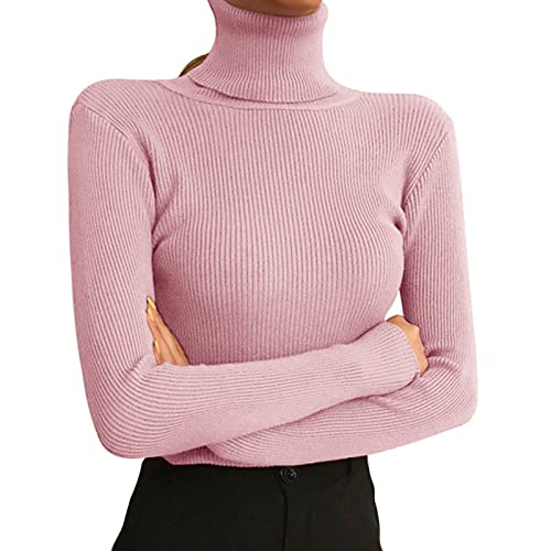 Dihope Damen Rollkragenpullover Basic Pullover Dünner Strickpullover Elastisch Gerippt Strickpulli Elegant Langarmshirt Casual Slim Fit Pulli Sweatshirts für Herbst Winter(Rosa,One Size) von Dihope