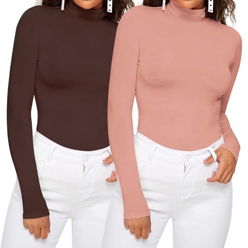 Dihope Damen Rollkragenshirt Basic Elegant Langarmshirt Rolli Weicher Pullover Sweatshirts Dünn Stretch Unterziehrolli Slim Fit Oberteile für Herbst Winter(2pc-Rosa+Kaffee,S) von Dihope