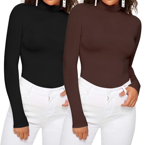 Dihope Damen Rollkragenshirt Basic Elegant Langarmshirt Rolli Weicher Pullover Sweatshirts Dünn Stretch Unterziehrolli Slim Fit Oberteile für Herbst Winter(2pc-Schwarz+Kaffee,L) von Dihope