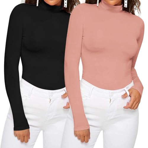 Dihope Damen Rollkragenshirt Basic Elegant Langarmshirt Rolli Weicher Pullover Sweatshirts Dünn Stretch Unterziehrolli Slim Fit Oberteile für Herbst Winter(2pc-Schwarz+Rosa,M) von Dihope