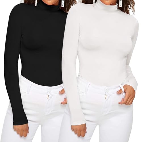 Dihope Damen Rollkragenshirt Basic Elegant Langarmshirt Rolli Weicher Pullover Sweatshirts Dünn Stretch Unterziehrolli Slim Fit Oberteile für Herbst Winter(2pc-Schwarz+Weiß,L) von Dihope