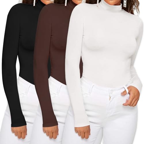 Dihope Damen Rollkragenshirt Basic Elegant Langarmshirt Rolli Weicher Pullover Sweatshirts Dünn Stretch Unterziehrolli Slim Fit Oberteile für Herbst Winter(3pc-Schwarz+Weiß+Kaffee,3XL) von Dihope