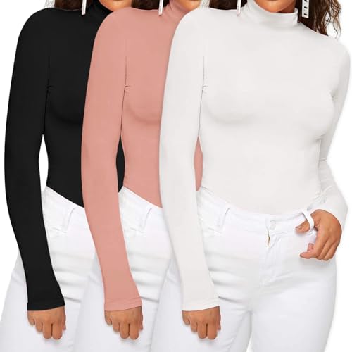 Dihope Damen Rollkragenshirt Basic Elegant Langarmshirt Rolli Weicher Pullover Sweatshirts Dünn Stretch Unterziehrolli Slim Fit Oberteile für Herbst Winter(3pc-Schwarz+Weiß+Rosa,L) von Dihope