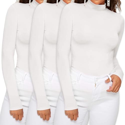 Dihope Damen Rollkragenshirt Basic Elegant Langarmshirt Rolli Weicher Pullover Sweatshirts Dünn Stretch Unterziehrolli Slim Fit Oberteile für Herbst Winter(3pc-Weiß*3,XL) von Dihope