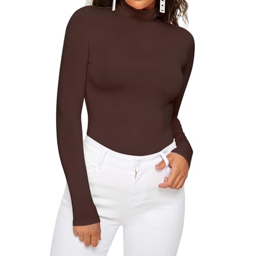 Dihope Damen Rollkragenshirt Basic Elegant Langarmshirt Rolli Weicher Pullover Sweatshirts Dünn Stretch Unterziehrolli Slim Fit Oberteile für Herbst Winter(Kaffee,3XL) von Dihope