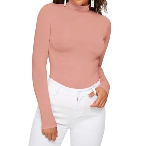 Dihope Damen Rollkragenshirt Basic Elegant Langarmshirt Rolli Weicher Pullover Sweatshirts Dünn Stretch Unterziehrolli Slim Fit Oberteile für Herbst Winter(Rosa,M) von Dihope