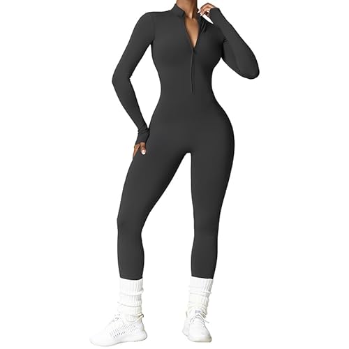 Dihope Damen Sport Jumpsuit Fleece Overall mit Reißverschluss Langarm Playsuits Eng Bodycon Warm Bodysuit Strampler Sportanzug Einteiler Romper,Grau,M von Dihope