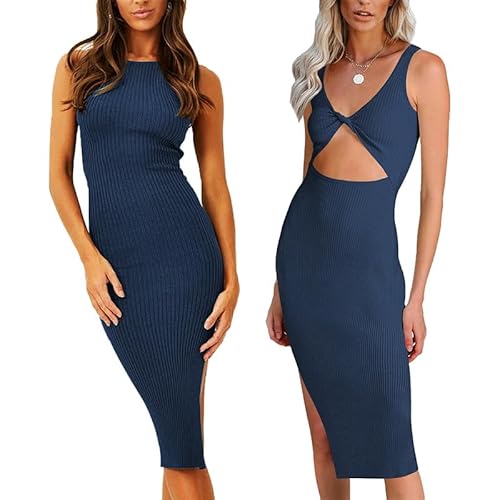 Dihope Damen ärmellos Bodycon Kleid Backless Sexy Geschlitztes Rippkleid Sommer Cocktailkleid Elegant Stretch Partykleid(Blau,S) von Dihope