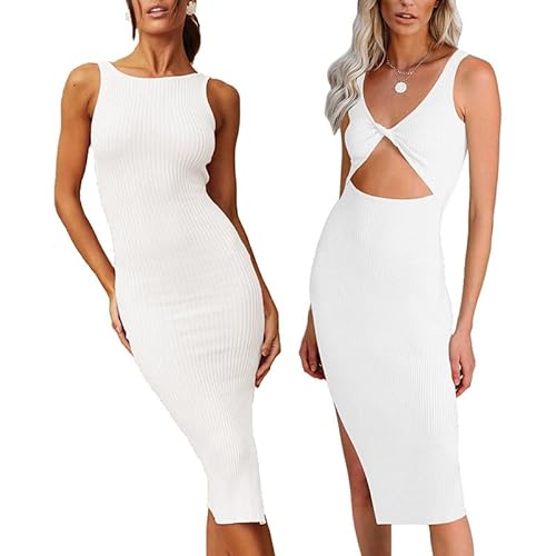 Dihope Damen ärmellos Bodycon Kleid Backless Sexy Geschlitztes Rippkleid Sommer Cocktailkleid Elegant Stretch Partykleid(Weiss,M) von Dihope