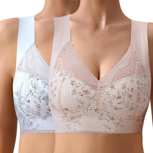 Dihope Eisseide BH Floral Spitzen Soft BH ohne Bügel Gepolstert Push Up Nahtlos Klassische Bustier Weicher Atmungsaktiver Bügelloser Seamless Bra(Blau+Hautfarbe,EU M/Tag L) von Dihope