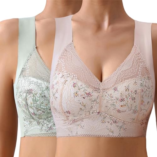 Dihope Eisseide BH Floral Spitzen Soft BH ohne Bügel Gepolstert Push Up Nahtlos Klassische Bustier Weicher Atmungsaktiver Bügelloser Seamless Bra(Hautfarbe+Grün,EU L/Tag XL) von Dihope