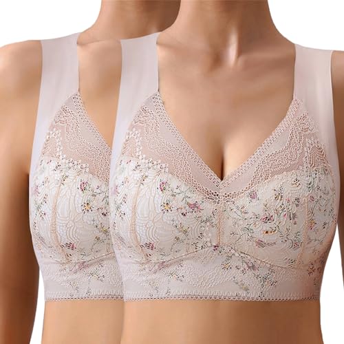 Dihope Eisseide BH Floral Spitzen Soft BH ohne Bügel Gepolstert Push Up Nahtlos Klassische Bustier Weicher Atmungsaktiver Bügelloser Seamless Bra(Hautfarbe+Hautfarbe,EU M/Tag L) von Dihope