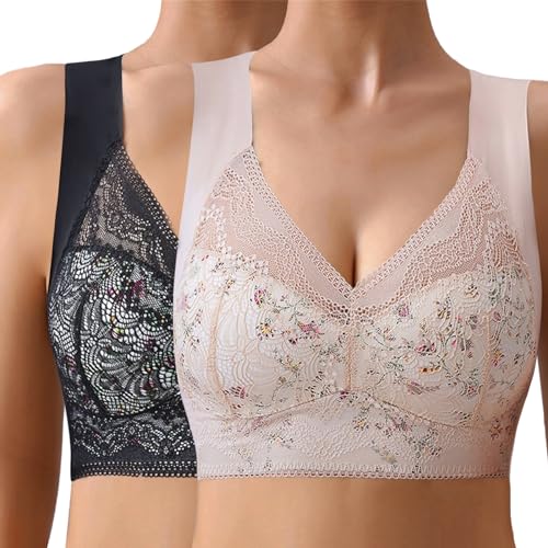 Dihope Eisseide BH Floral Spitzen Soft BH ohne Bügel Gepolstert Push Up Nahtlos Klassische Bustier Weicher Atmungsaktiver Bügelloser Seamless Bra(Schwarz+Hautfarbe,EU L/Tag XL) von Dihope