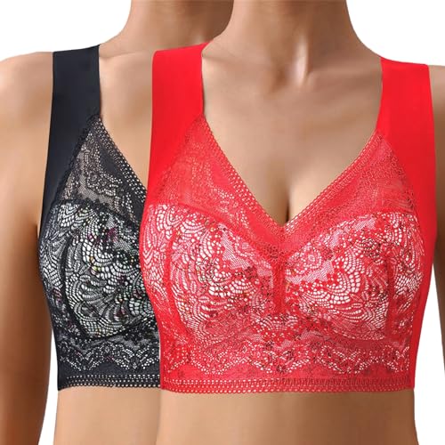 Dihope Eisseide BH Floral Spitzen Soft BH ohne Bügel Gepolstert Push Up Nahtlos Klassische Bustier Weicher Atmungsaktiver Bügelloser Seamless Bra(Schwarz+Rot,EU L/Tag XL) von Dihope