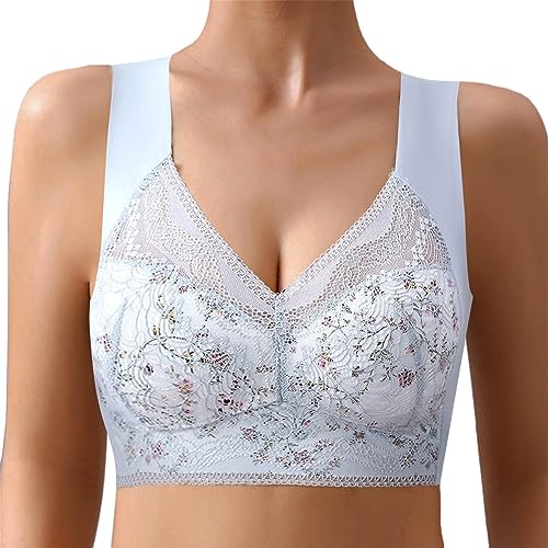 Dihope Eisseide BH Floral Spitzen Soft BH ohne Bügel Gepolstert Push Up Nahtlos Klassische Bustier Weicher Atmungsaktiver Bügelloser Seamless Bra für Schlafen Yoga(Blau,EU XL/Tag XXL) von Dihope