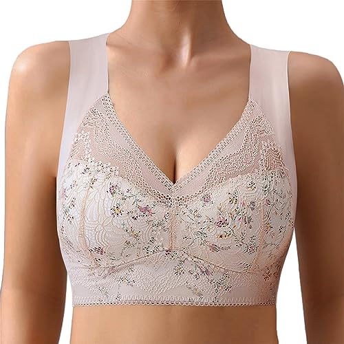 Dihope Eisseide BH Floral Spitzen Soft BH ohne Bügel Gepolstert Push Up Nahtlos Klassische Bustier Weicher Atmungsaktiver Bügelloser Seamless Bra für Schlafen Yoga(Hautfarbe,EU L/Tag XL) von Dihope