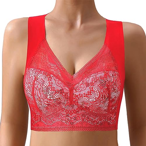 Dihope Eisseide BH Floral Spitzen Soft BH ohne Bügel Gepolstert Push Up Nahtlos Klassische Bustier Weicher Atmungsaktiver Bügelloser Seamless Bra für Schlafen Yoga(Rot,EU L/Tag XL) von Dihope