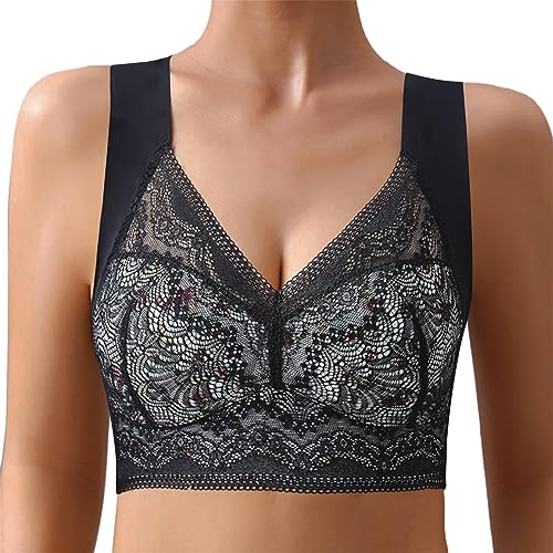 Dihope Eisseide BH Floral Spitzen Soft BH ohne Bügel Gepolstert Push Up Nahtlos Klassische Bustier Weicher Atmungsaktiver Bügelloser Seamless Bra für Schlafen Yoga(Schwarz,EU L/Tag XL) von Dihope