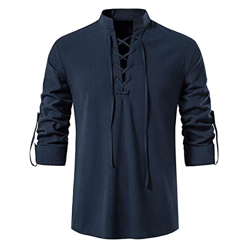 Dihope Herren Leinenhemd Langarm Schnürhemd Mittelalter Henley Shirts Schnürhemd StehkragenT Shirt V-Ausschnitt Freizeithemd Atmungsaktiv Sommer Oberteile Verstellbare Manschetten(Navy blau，M) von Dihope