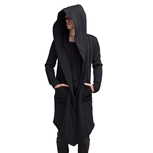 Dihope Herren-Mantel, lang, mit Kapuze, Trenchcoat, Langarm, Cardigan, Casual, Frühling, Herbst, einfarbig Gr. XXL (Hersteller Größe 3XL), Schwarz von Dihope