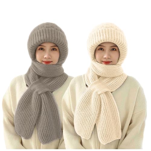 Dihope Integrierter Gehörschutz Winddichte Mütze Schal,Damen 2 in 1 Winterschal Mütze Verdickter Warmer Strickmütze Kapuzenschal für Frauen Winter(Beige+Buchweizenfarbe,One Size) von Dihope