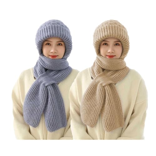 Dihope Integrierter Gehörschutz Winddichte Mütze Schal,Damen 2 in 1 Winterschal Mütze Verdickter Warmer Strickmütze Kapuzenschal für Frauen Winter(Grau+Khaki,One Size) von Dihope