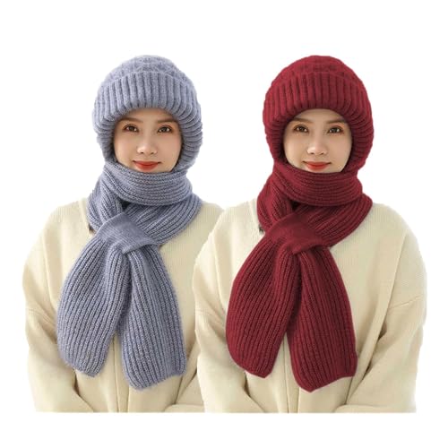 Dihope Integrierter Gehörschutz Winddichte Mütze Schal,Damen 2 in 1 Winterschal Mütze Verdickter Warmer Strickmütze Kapuzenschal für Frauen Winter(Grau+Weinrot,One Size) von Dihope