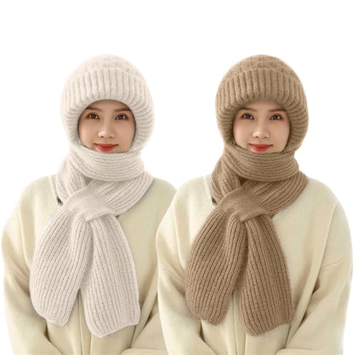 Dihope Integrierter Gehörschutz Winddichte Mütze Schal,Damen 2 in 1 Winterschal Mütze Verdickter Warmer Strickmütze Kapuzenschal für Frauen Winter(Khaki+Beige,One Size) von Dihope