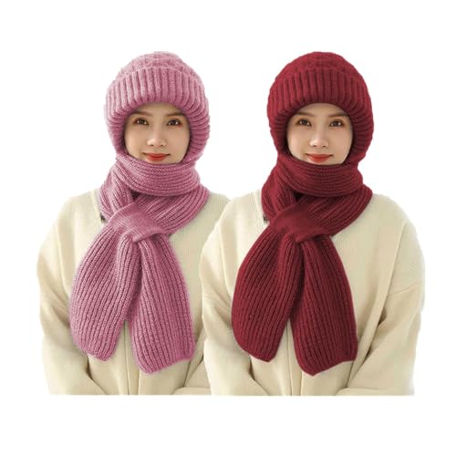 Dihope Integrierter Gehörschutz Winddichte Mütze Schal,Damen 2 in 1 Winterschal Mütze Verdickter Warmer Strickmütze Kapuzenschal für Frauen Winter(Rosa+Weinrot,One Size) von Dihope