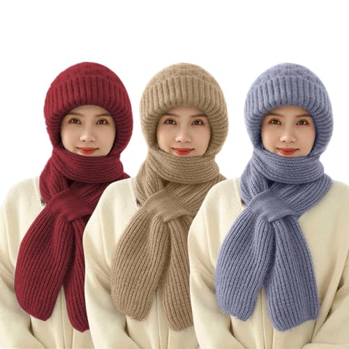 Dihope Integrierter Gehörschutz Winddichte Mütze Schal,Damen 2 in 1 Winterschal Mütze Verdickter Warmer Strickmütze Kapuzenschal für Frauen Winter(Weinrot+Khaki+Grau,One Size) von Dihope