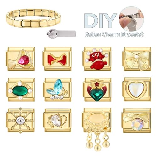 Dihope Italian Charm Bracelet Gold Italian Charms Set Edelstahl 9mm, DIY Abnehmbar Module für Italienische Armbänder, Italian Style Charms für Damen Herren Kinder Jungen Mädchen von Dihope