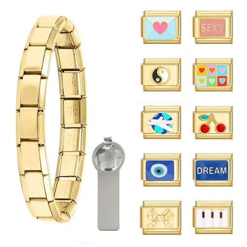 Dihope Italian Charm Bracelet Gold Italian Charms Set Edelstahl 9mm, DIY Abnehmbar Module für Italienische Armbänder, Italian Style Charms für Damen Herren Kinder Jungen Mädchen von Dihope