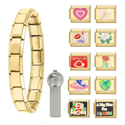 Dihope Italian Charm Bracelet Gold Italian Charms Set Edelstahl 9mm, DIY Abnehmbar Module für Italienische Armbänder, Italian Style Charms für Damen Herren Kinder Jungen Mädchen von Dihope