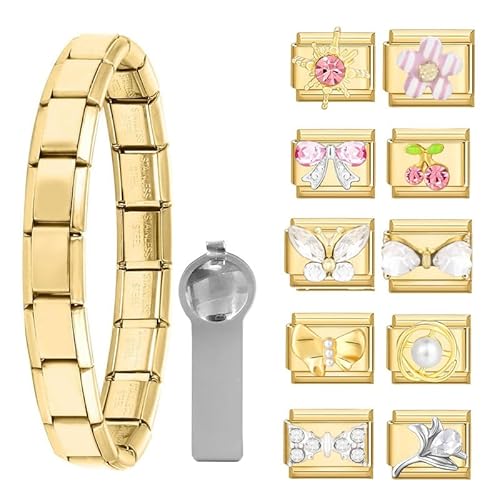 Dihope Italian Charm Bracelet Gold Italian Charms Set Edelstahl 9mm, DIY Abnehmbar Module für Italienische Armbänder, Italian Style Charms für Damen Herren Kinder Jungen Mädchen von Dihope