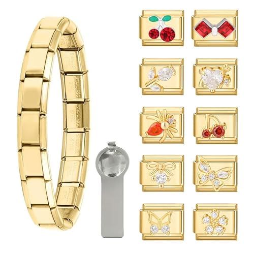 Dihope Italian Charm Bracelet Gold Italian Charms Set Edelstahl 9mm, DIY Abnehmbar Module für Italienische Armbänder, Italian Style Charms für Damen Herren Kinder Jungen Mädchen von Dihope