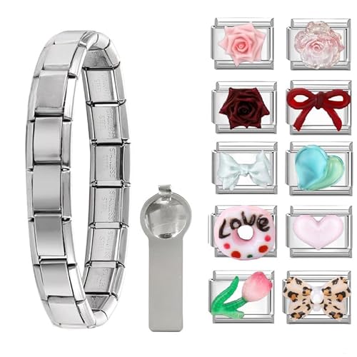 Dihope Italian Charm Bracelet Silber Italian Charms Set Edelstahl 9mm, DIY Abnehmbar Module für Italienische Armbänder, Italian Style Charms für Damen Herren Kinder Jungen Mädchen von Dihope