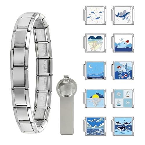 Dihope Italian Charm Bracelet Silber Italian Charms Set Edelstahl 9mm, DIY Abnehmbar Module für Italienische Armbänder, Italian Style Charms für Damen Herren Kinder Jungen Mädchen von Dihope