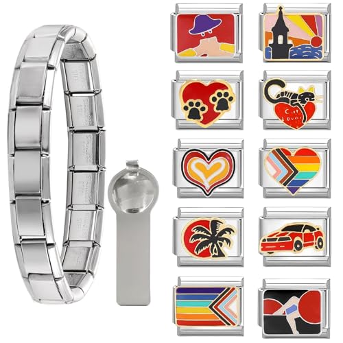 Dihope Italian Charm Bracelet Silber Italian Charms Set Edelstahl 9mm, DIY Abnehmbar Module für Italienische Armbänder, Italian Style Charms für Damen Herren Kinder Jungen Mädchen von Dihope