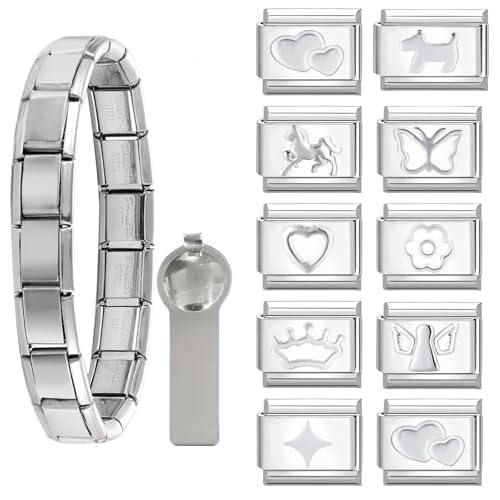 Dihope Italian Charm Bracelet Silber Italian Charms Set Edelstahl 9mm, DIY Abnehmbar Module für Italienische Armbänder, Italian Style Charms für Damen Herren Kinder Jungen Mädchen von Dihope