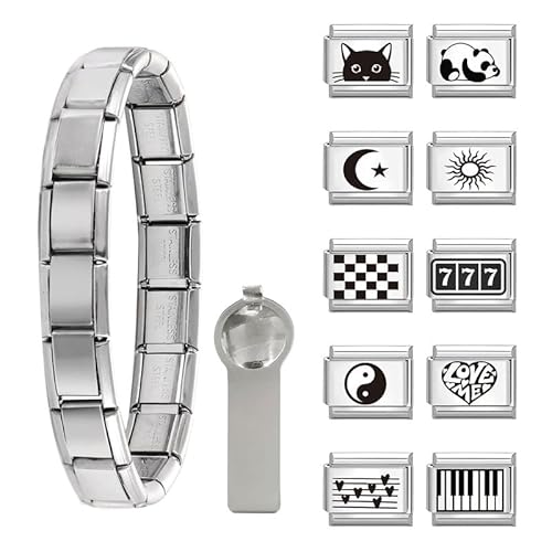 Dihope Italian Charm Bracelet Silber Italian Charms Set Edelstahl 9mm, DIY Abnehmbar Module für Italienische Armbänder, Italian Style Charms für Damen Herren Kinder Jungen Mädchen von Dihope