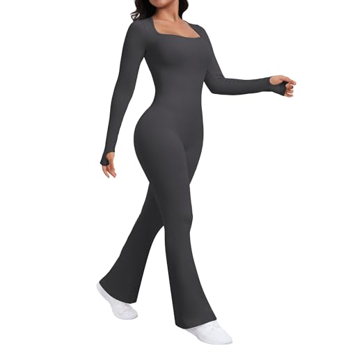 Dihope Jumpsuit Damen Flared Leg Langarm Einteiler Eng Ribbed Jumpsuit Schlaghose Yoga Romper Stretch Quadratischer Ausschnitt(Flared: Dunkelgrau,S) von Dihope