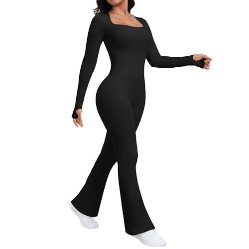 Dihope Jumpsuit Damen Flared Leg Langarm Einteiler Eng Ribbed Jumpsuit Schlaghose Yoga Romper Stretch Quadratischer Ausschnitt(Flared: Schwarz,L) von Dihope