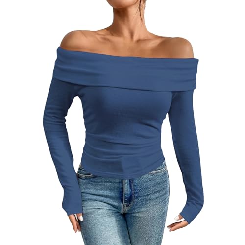 Dihope Langarmshirt Damen Schulterfreies Oberteil Y2K Sexy Off Shoulder Top Langarm Shirts Eng Slim Tshirt Longsleeve(Blau,L) von Dihope