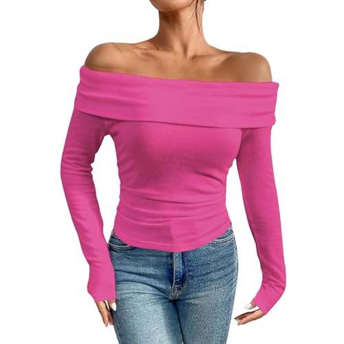 Dihope Langarmshirt Damen Schulterfreies Oberteil Y2K Sexy Off Shoulder Top Langarm Shirts Eng Slim Tshirt Longsleeve(Rosarot,L) von Dihope