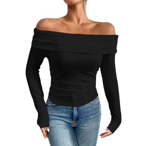 Dihope Langarmshirt Damen Schulterfreies Oberteil Y2K Sexy Off Shoulder Top Langarm Shirts Eng Slim Tshirt Longsleeve(Schwarz,M) von Dihope