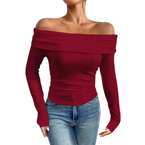 Dihope Langarmshirt Damen Schulterfreies Oberteil Y2K Sexy Off Shoulder Top Langarm Shirts Eng Slim Tshirt Longsleeve(Weinrot,L) von Dihope