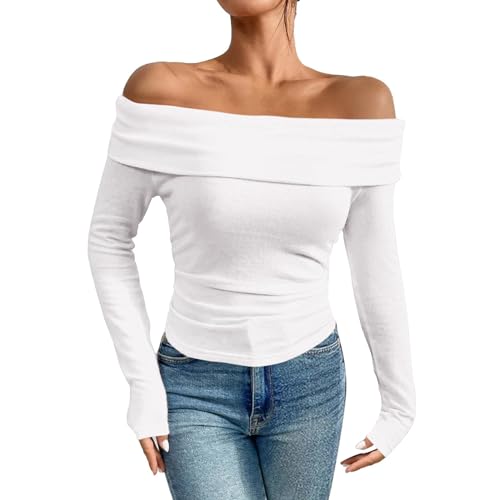 Dihope Langarmshirt Damen Schulterfreies Oberteil Y2K Sexy Off Shoulder Top Langarm Shirts Eng Slim Tshirt Longsleeve(Weiß,S) von Dihope