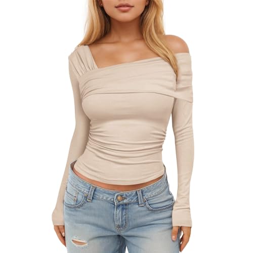 Dihope Langarmshirt Damen Y2K Plissiertes Oberteil Eng Slim Fit T-Shirt Sexy One Off Shoulder Crop Top Langarm Bluse Casual Streetwear Tops,Aprikose,M von Dihope